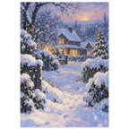 Snowfall Before Supper shows a timber house with amber windows beyond blue and lavender snowdrifts, rendered in broad, thick 