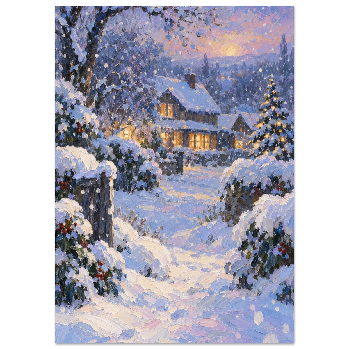 Snowfall Before Supper shows a timber house with amber windows beyond blue and lavender snowdrifts, rendered in broad, thick 