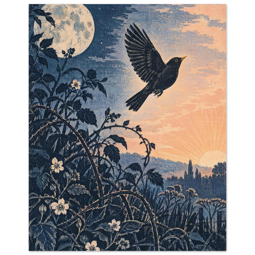 Blackbird in flight above flowering branches, with a pale moon and low sun against a textured navy and peach sky.