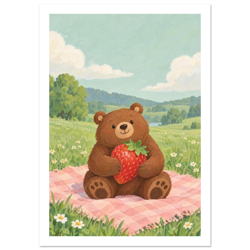 Brown bear holding a large strawberry on a pink checked picnic blanket in a green meadow with daisies and cream clouds.