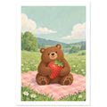 Brown bear holding a large strawberry on a pink checked picnic blanket in a green meadow with daisies and cream clouds.