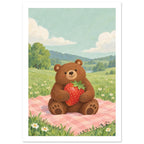 Brown bear holding a large strawberry on a pink checked picnic blanket in a green meadow with daisies and cream clouds.