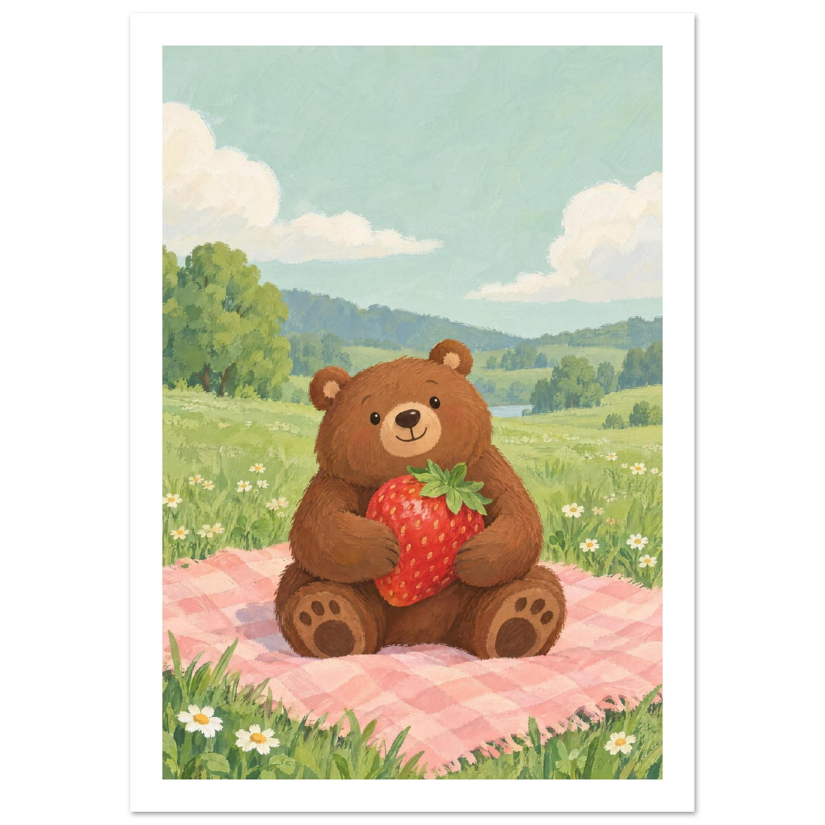 Brown bear holding a large strawberry on a pink checked picnic blanket in a green meadow with daisies and cream clouds.