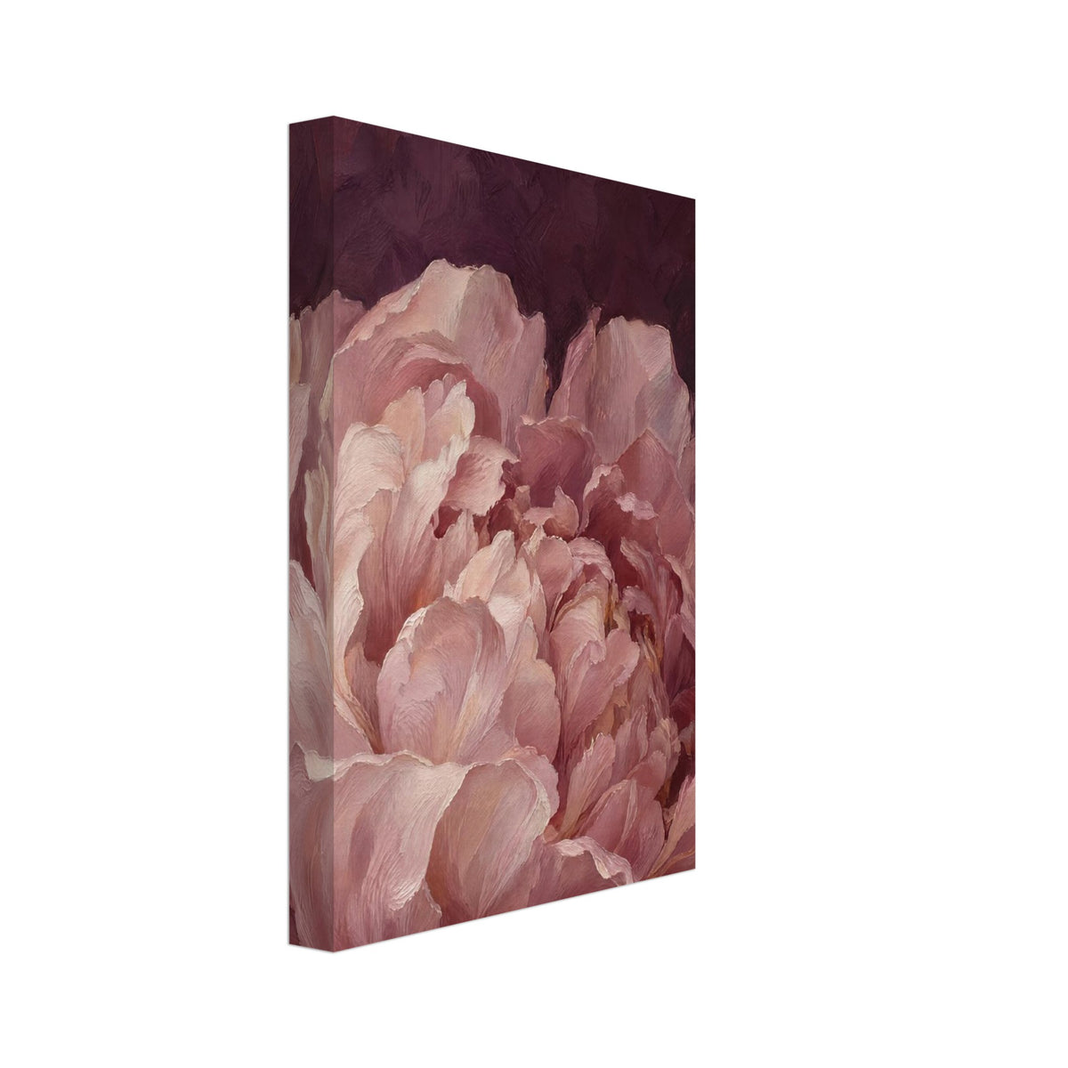 Blush pink peony with layered, curling petals and visible painterly brushwork against a deep burgundy background.