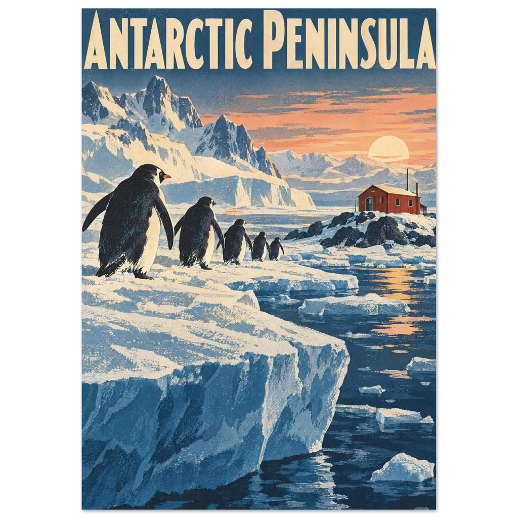 Penguins on Antarctic ice with snowy mountains, a red cabin and a low sun beneath large Antarctic Peninsula lettering.