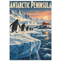 Penguins on Antarctic ice with snowy mountains, a red cabin and a low sun beneath large Antarctic Peninsula lettering.
