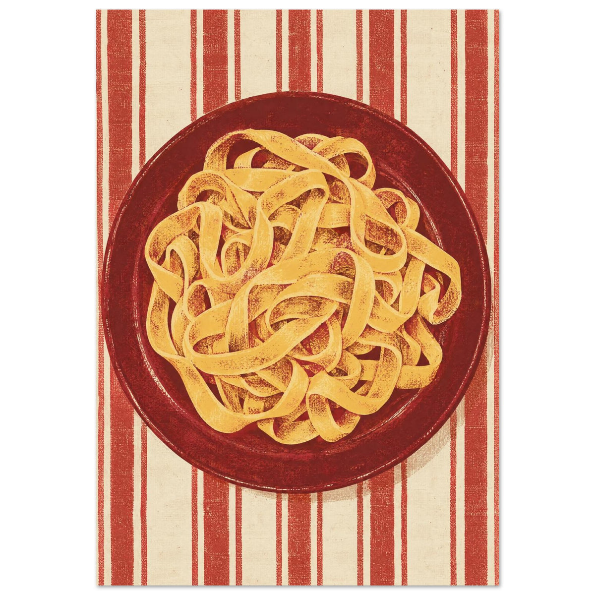 Golden pasta ribbons on a deep red plate, viewed from above against textured red and cream vertical stripes.