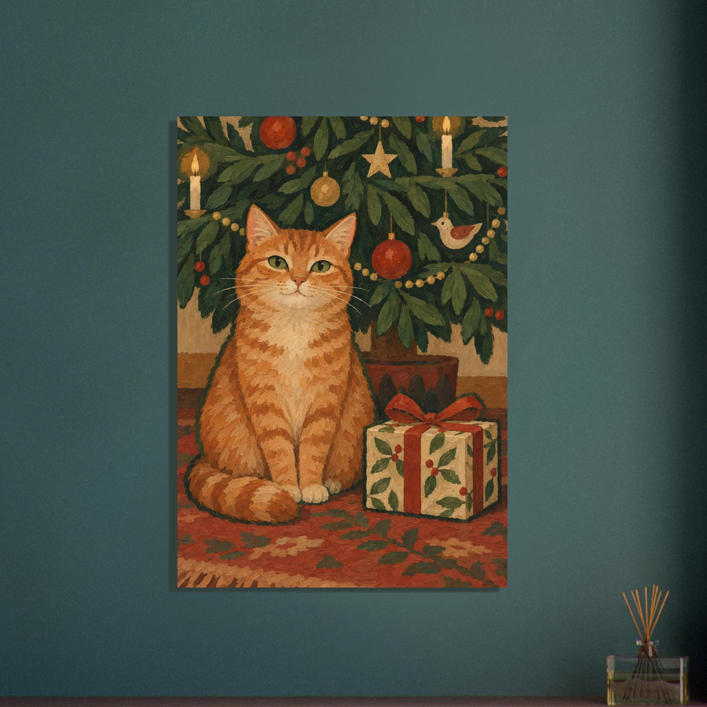 The Cat Who Waited shows a ginger cat beside an unopened present beneath low Christmas tree branches, with thick green painte