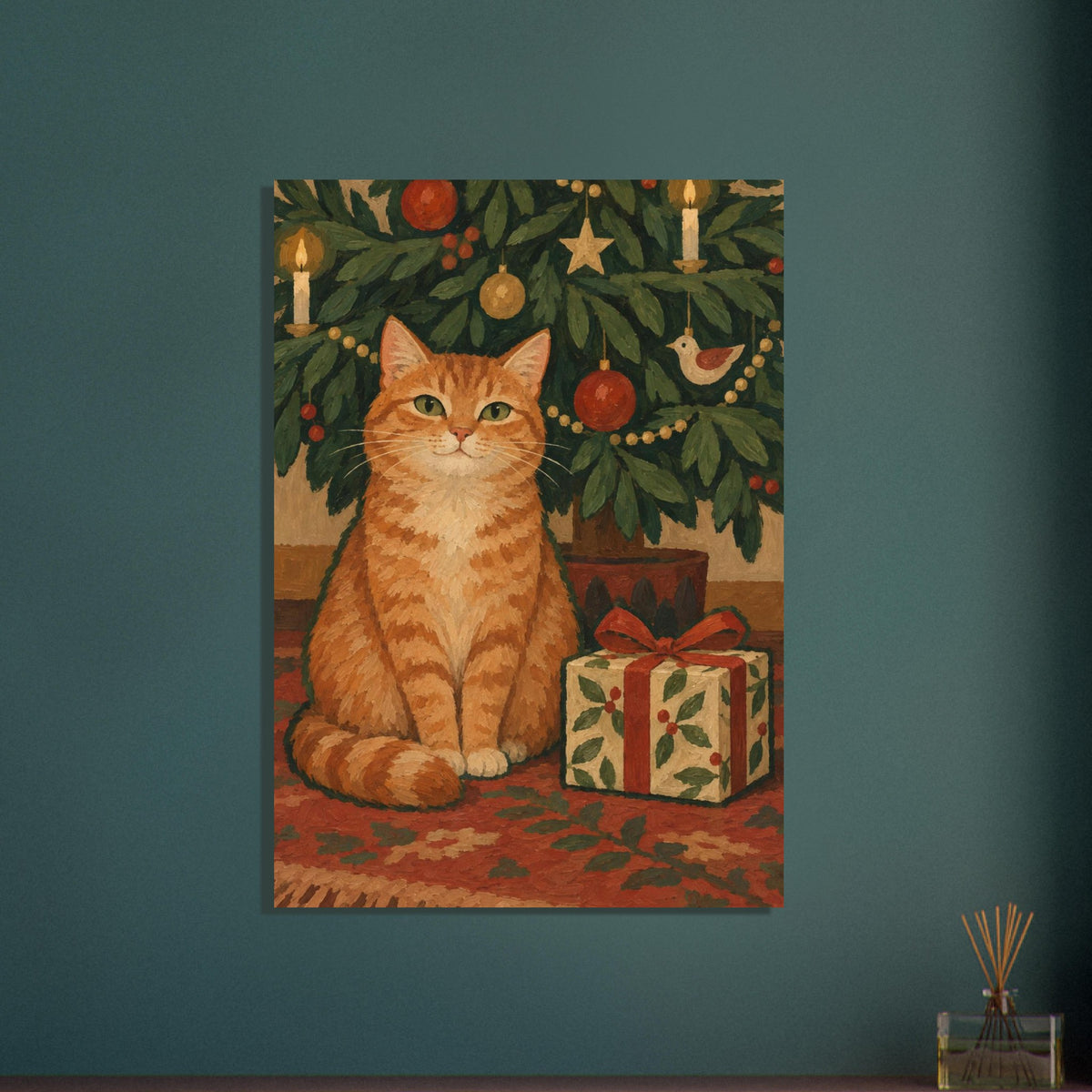 The Cat Who Waited shows a ginger cat beside an unopened present beneath low Christmas tree branches, with thick green painte