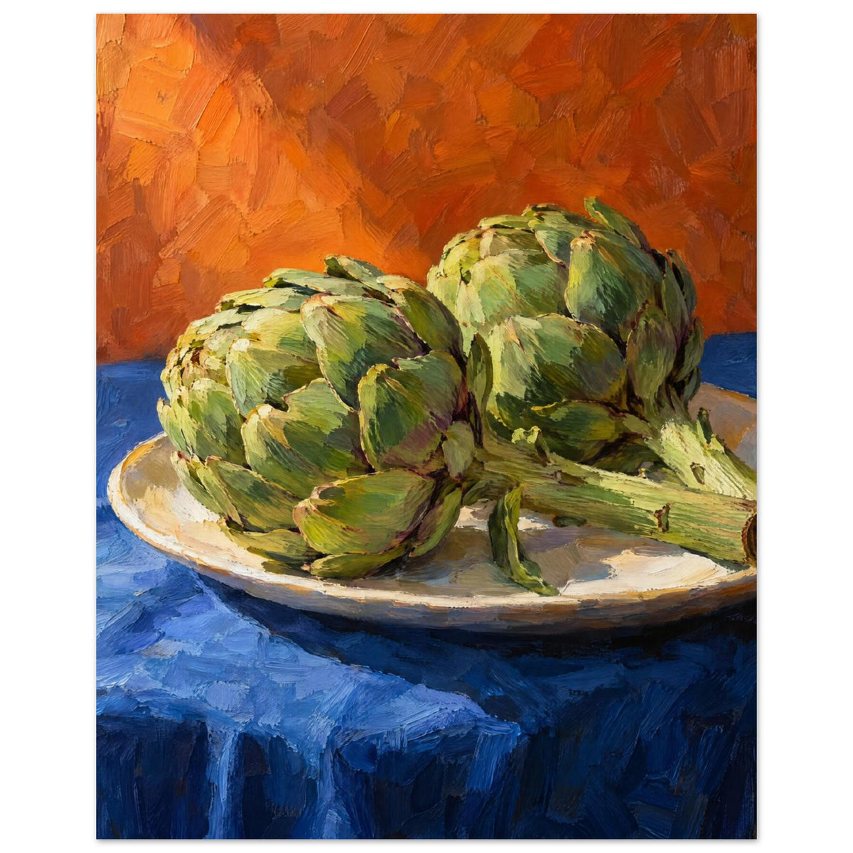 Two green artichokes on a pale oval platter, with a blue tablecloth and orange background in broad painted strokes.