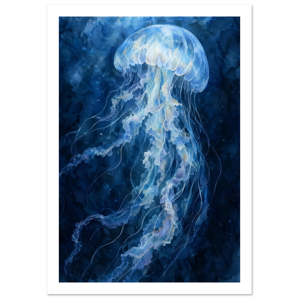 Pale blue jellyfish with a translucent bell and long, rippling tentacles against a deep blue watercolour background.