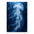 Pale blue jellyfish with a translucent bell and long, rippling tentacles against a deep blue watercolour background.