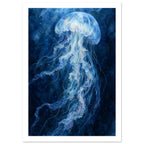 Pale blue jellyfish with a translucent bell and long, rippling tentacles against a deep blue watercolour background.
