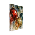 Red, teal and gold Christmas baubles hanging from an evergreen branch, painted in watercolour with trailing drips.