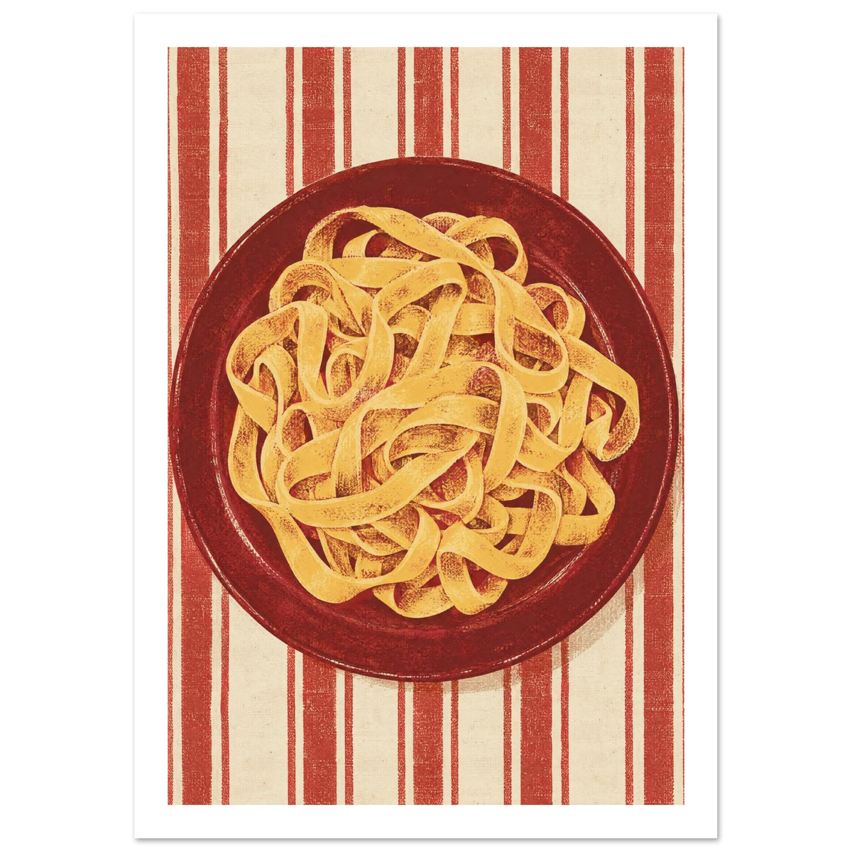 Golden pasta ribbons on a deep red plate, viewed from above against textured red and cream vertical stripes.