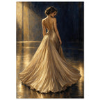 Champagne Pleats depicts a woman from behind in a fan-shaped pleated evening gown, lit from the side against navy.