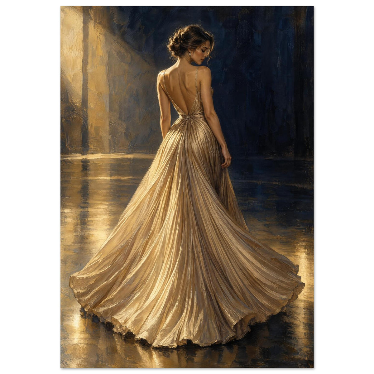 Champagne Pleats depicts a woman from behind in a fan-shaped pleated evening gown, lit from the side against navy.