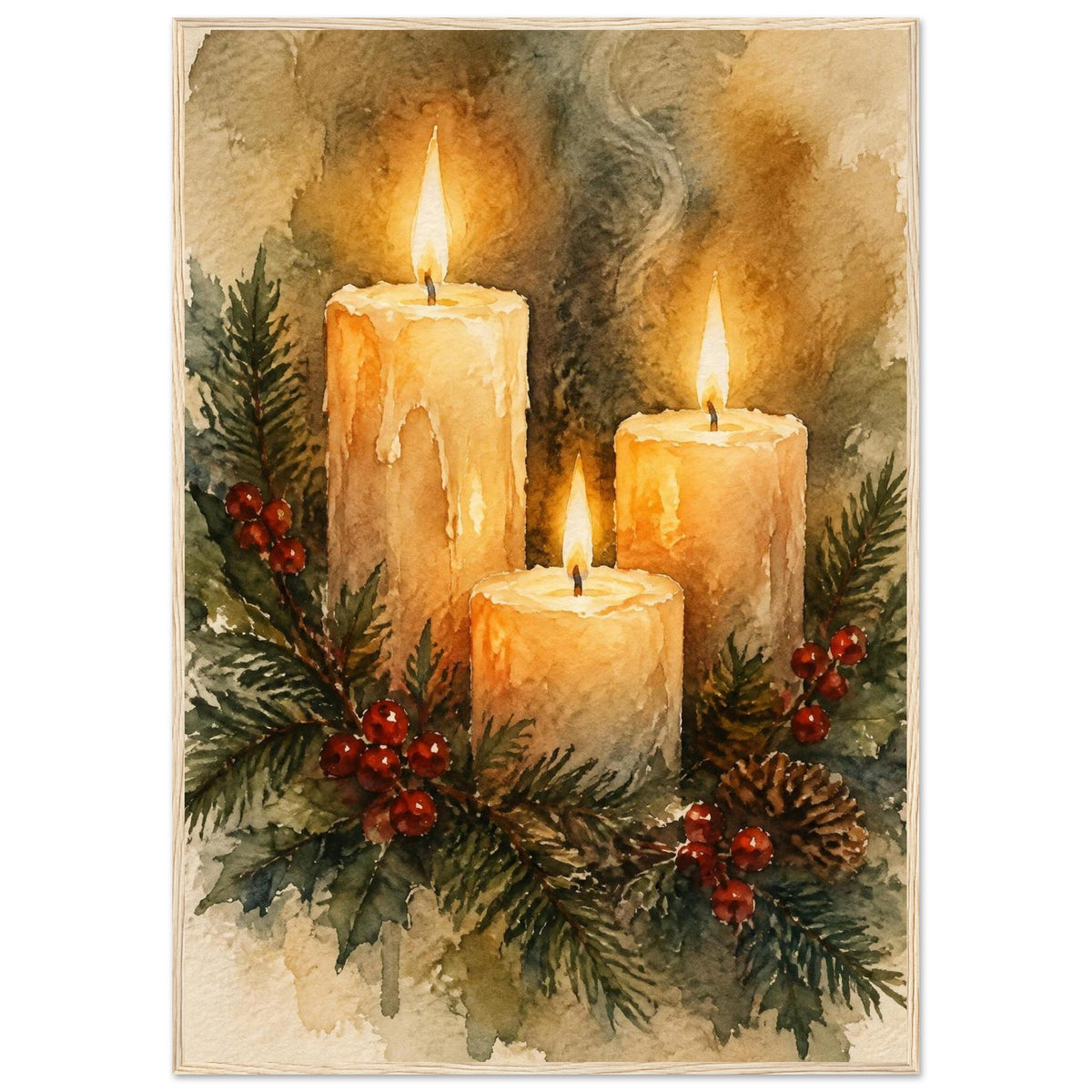 Watercolour painting of three lit advent candles with spruce sprigs and red berries