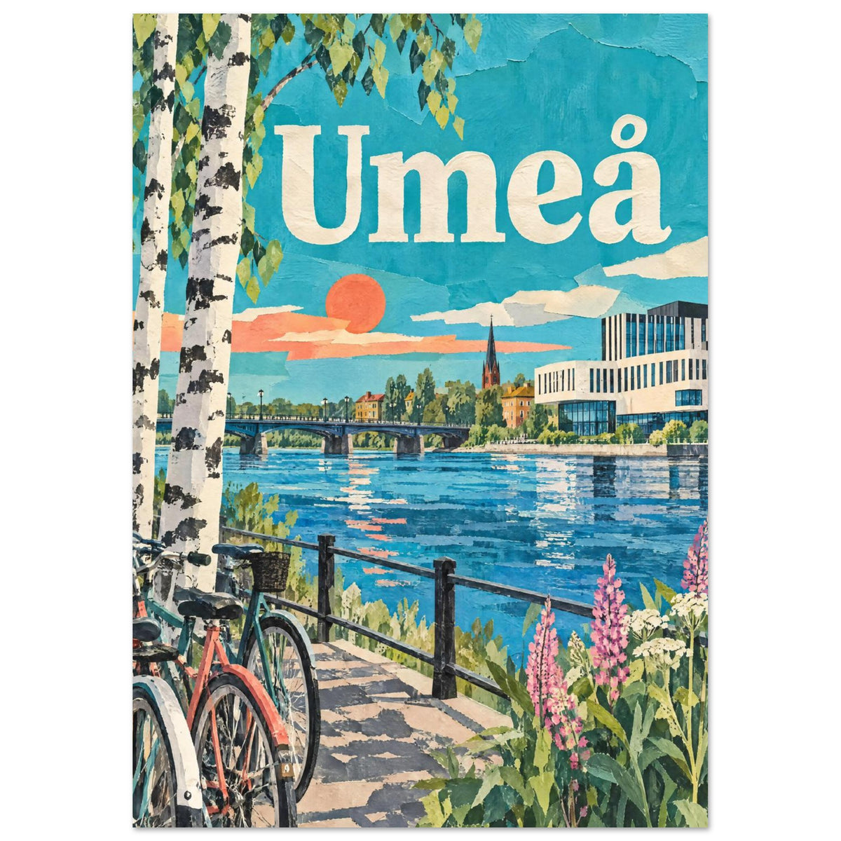 Umeå med Vävens vita och mörka fasad, Gamla bron, björkstammar och cyklar längs en turkos älv.