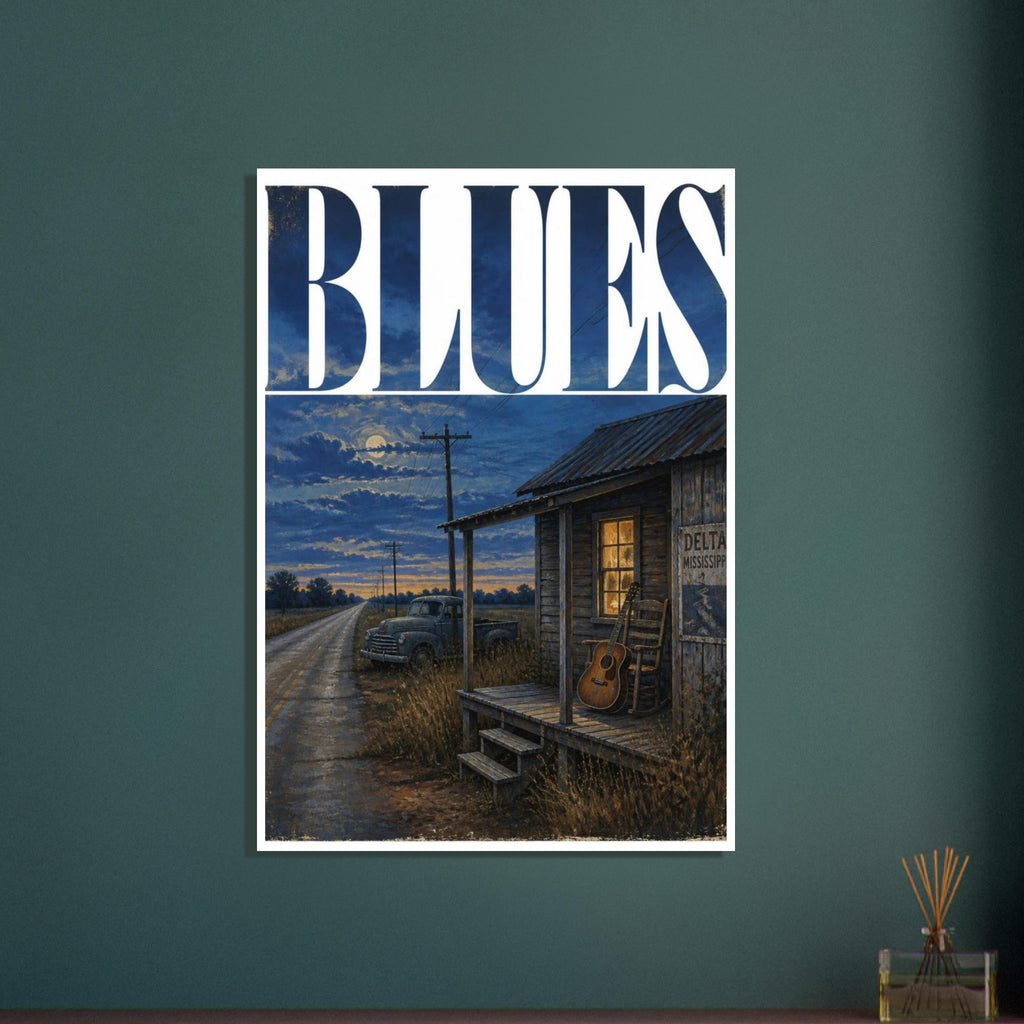 Large BLUES lettering above a moonlit road, old pickup truck and wooden porch with a guitar, rocking chair and lit window.