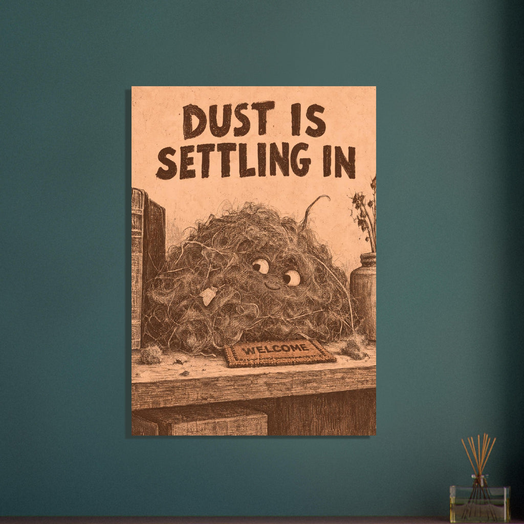 Smiling dust creature beside books and dried stems, with a tiny welcome mat and ‘Dust Is Settling In’ text above.