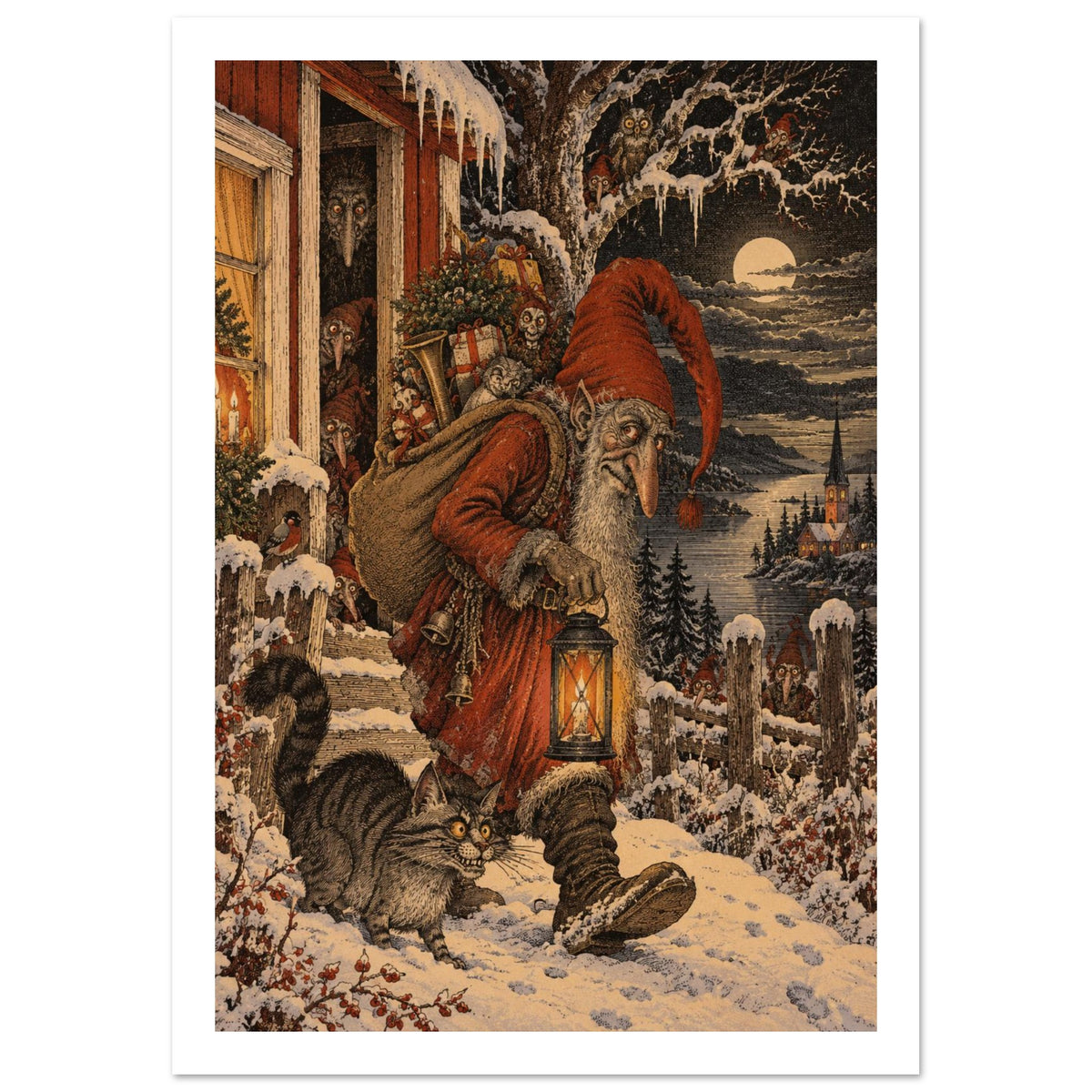 Christmas Gnome Vintage Style Art Print – White Border