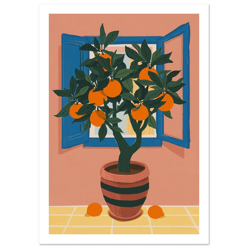 Orange tree in a striped terracotta pot before an open blue window, with peach walls and oranges on yellow tiles.