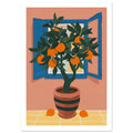 Orange tree in a striped terracotta pot before an open blue window, with peach walls and oranges on yellow tiles.