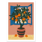 Orange tree in a striped terracotta pot before an open blue window, with peach walls and oranges on yellow tiles.