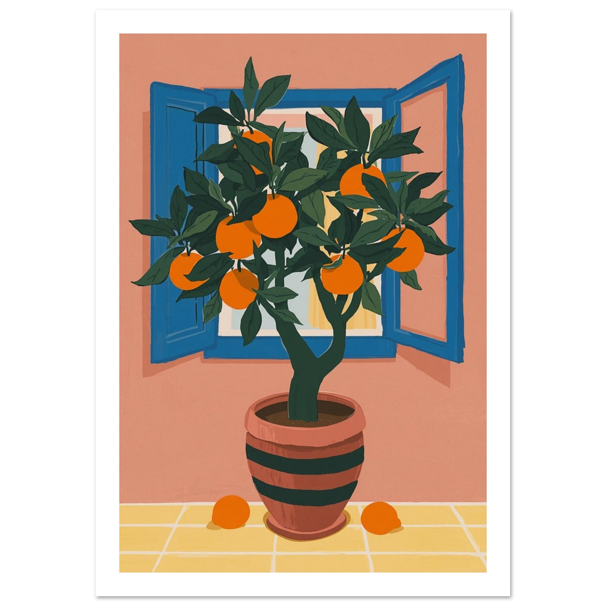 Orange tree in a striped terracotta pot before an open blue window, with peach walls and oranges on yellow tiles.