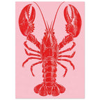 Red lobster with large raised claws, long antennae and a textured shell on a plain pink background.