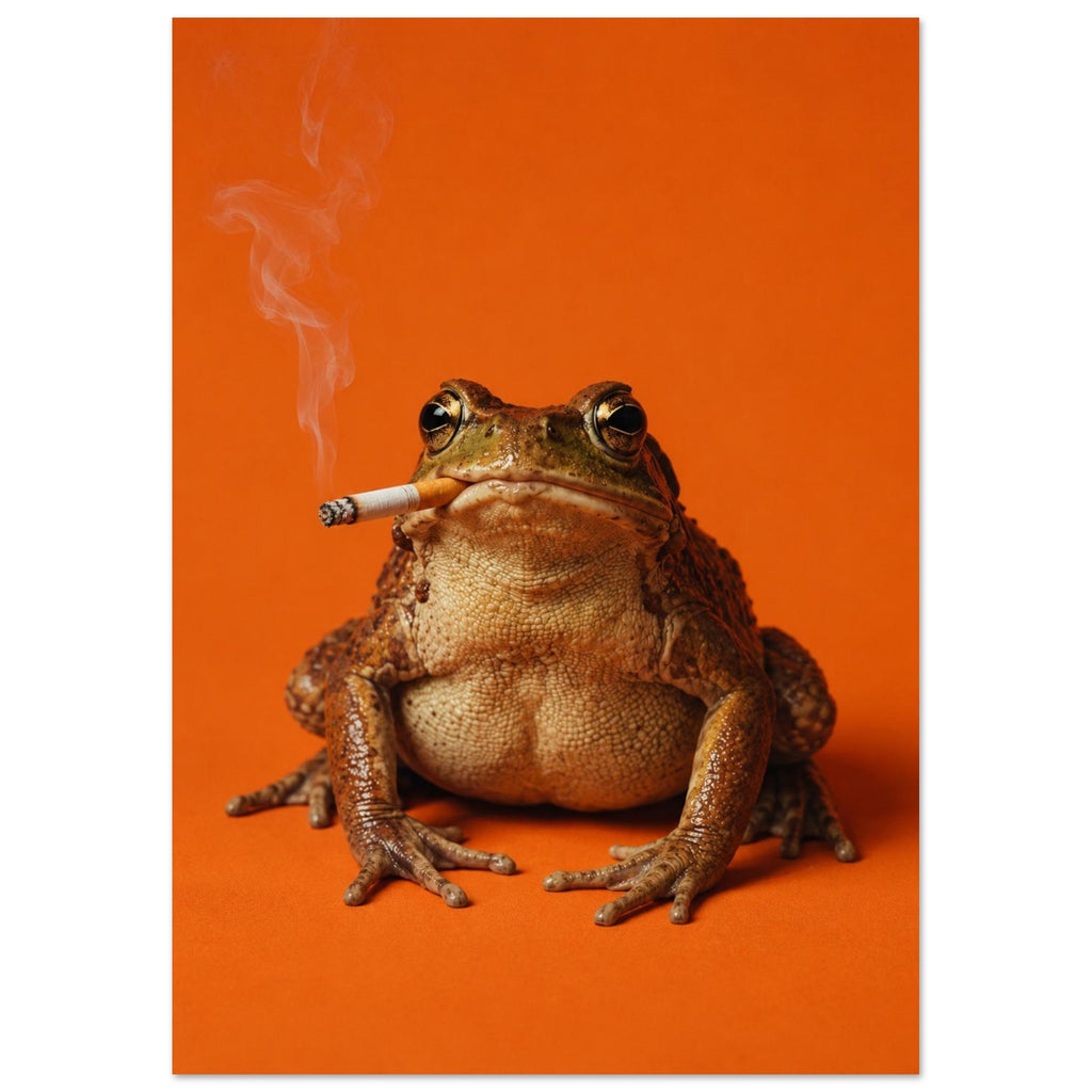 Brown toad facing forwards with a cigarette in its mouth and smoke curling upwards against a bright orange background.