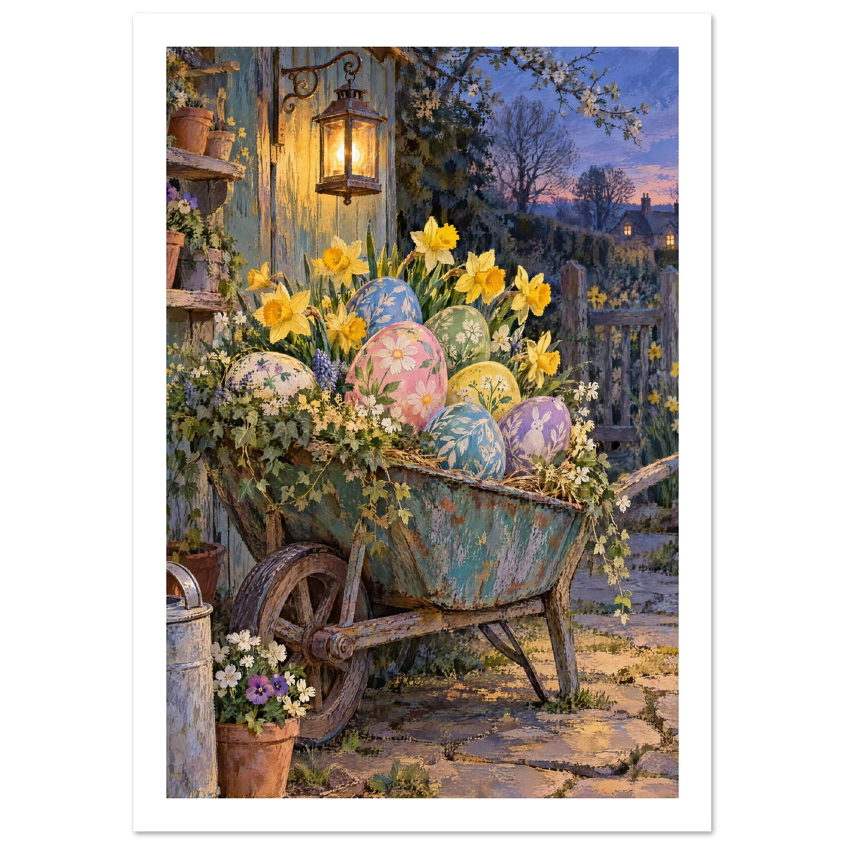 Wheelbarrow filled with patterned Easter eggs, daffodils and trailing flowers beside a glowing lantern at dusk.
