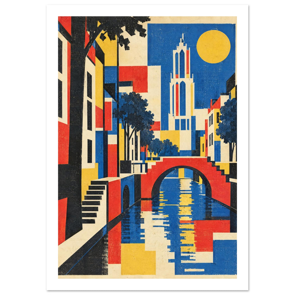 Geometric canal scene with a red arched bridge, blue water, cream tower, dark trees and yellow sun in a textured finish.