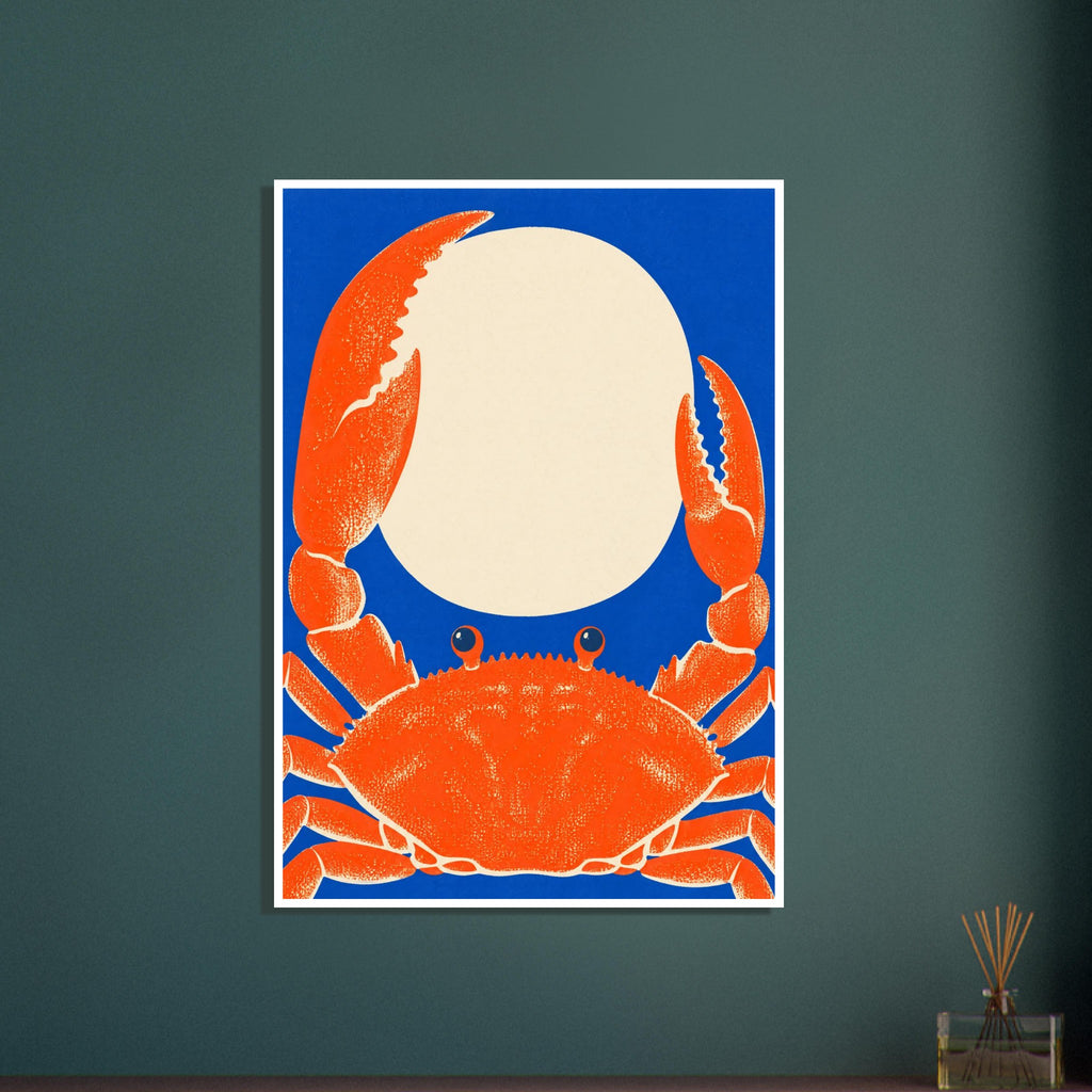 Orange crab with oversized raised claws surrounding a cream oval on a vivid blue background, with speckled texture.