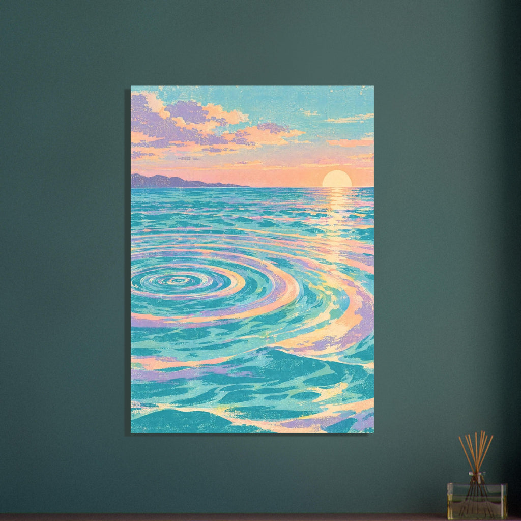 Ocean sunset with turquoise waves, large circular ripples, peach and lilac clouds, and a pale sun on the horizon.