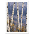 Pale birch trunks with dark bark markings against a painterly blue and lavender background, with ochre grasses below.