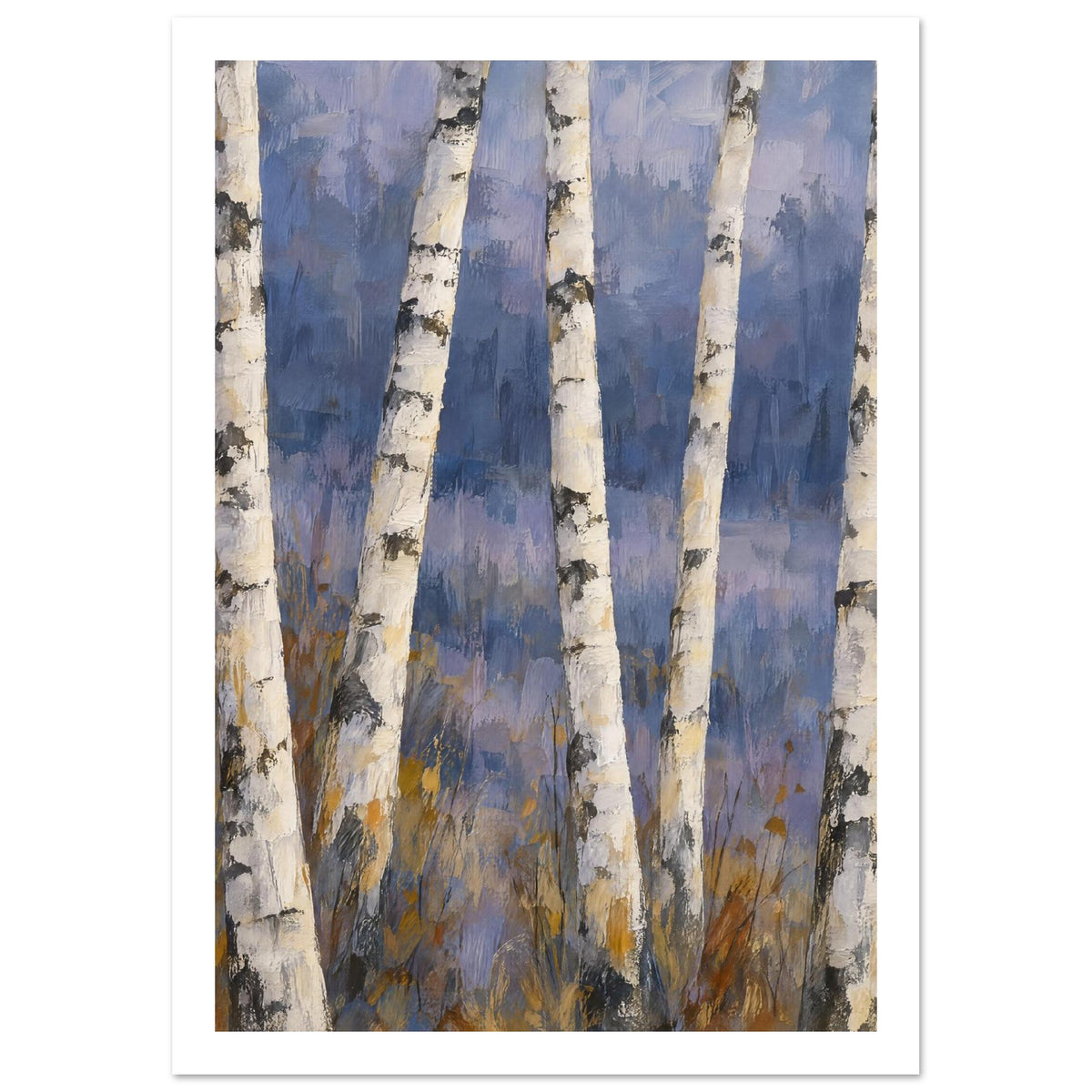 Pale birch trunks with dark bark markings against a painterly blue and lavender background, with ochre grasses below.