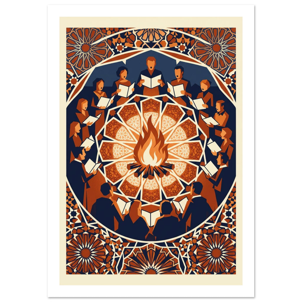 Singers holding open songbooks circle a bonfire, surrounded by ornate geometric patterns in navy, orange and cream.