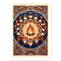 Singers holding open songbooks circle a bonfire, surrounded by ornate geometric patterns in navy, orange and cream.