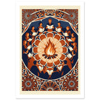 Singers holding open songbooks circle a bonfire, surrounded by ornate geometric patterns in navy, orange and cream.