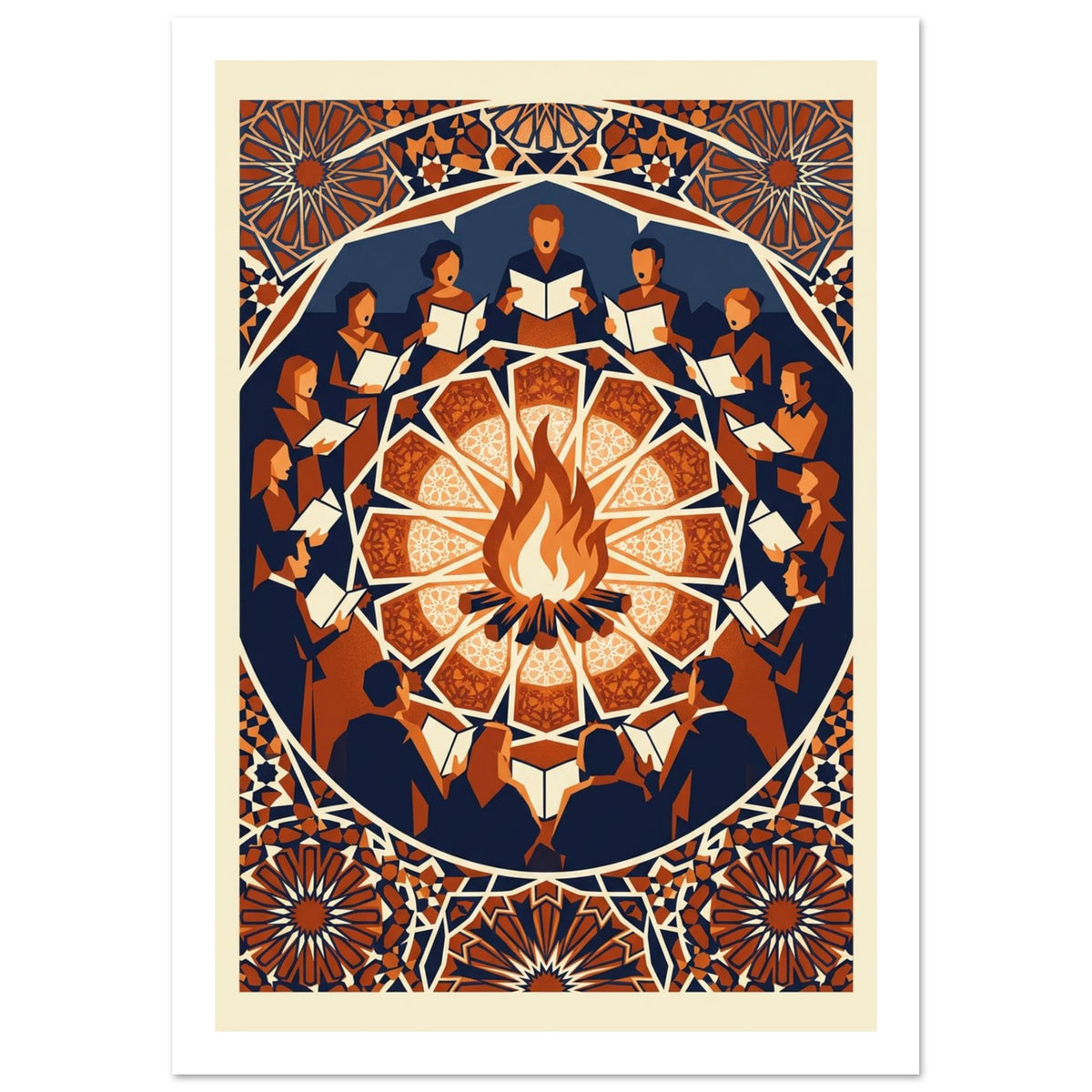 Singers holding open songbooks circle a bonfire, surrounded by ornate geometric patterns in navy, orange and cream.