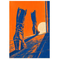 Two tall blue cowboy boots on angled floorboards against an orange background, with long shadows and a pale circle.
