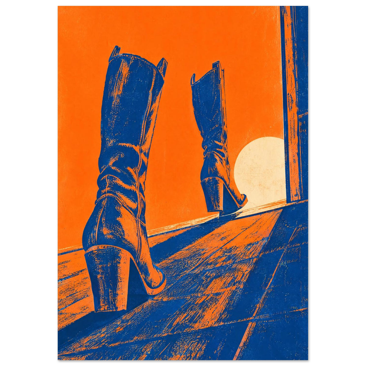 Two tall blue cowboy boots on angled floorboards against an orange background, with long shadows and a pale circle.