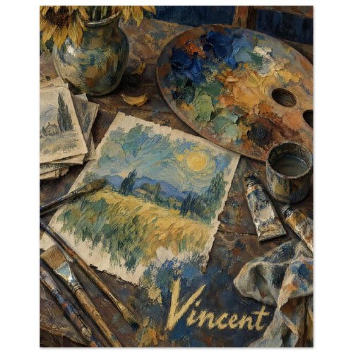 Artist’s palette, sunflowers, brushes and paint tubes around a landscape painting, with ‘Vincent’ lettering below.
