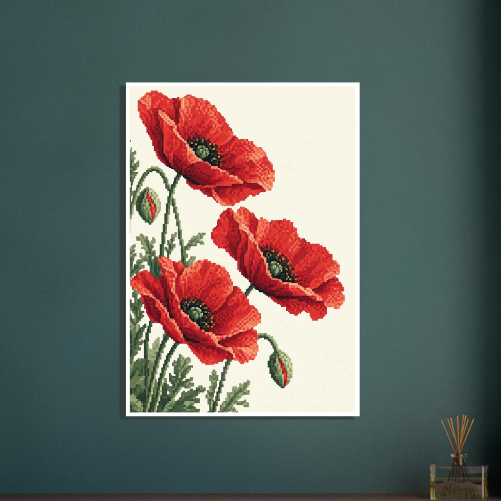 Three red poppies with dark centres, green stems, leaves and two buds, rendered in pixel-like squares on cream.