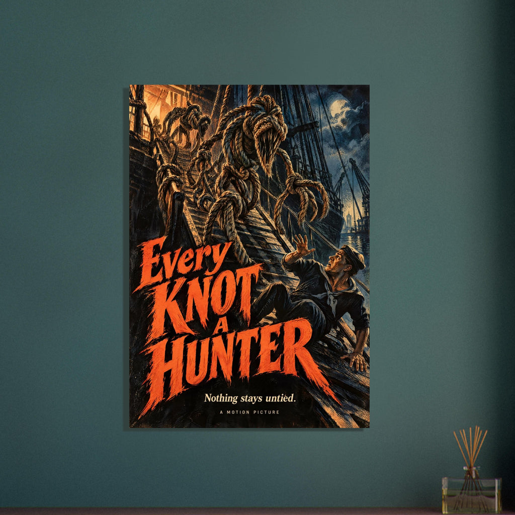 Rope monsters tower over a frightened sailor on a ship, with orange ‘Every Knot a Hunter’ lettering below.