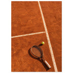 Tennis racket and yellow-green ball on an orange clay court, with white lines, footprints and strong shadows.