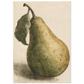 Yellow-green pear with a curved brown stem and large olive leaf, finely shaded against a textured cream background.