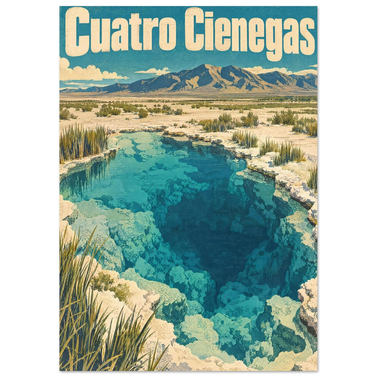 Cuatro Cienegas lettering above a turquoise desert pool bordered by pale rocks and grasses, with mountains beyond.
